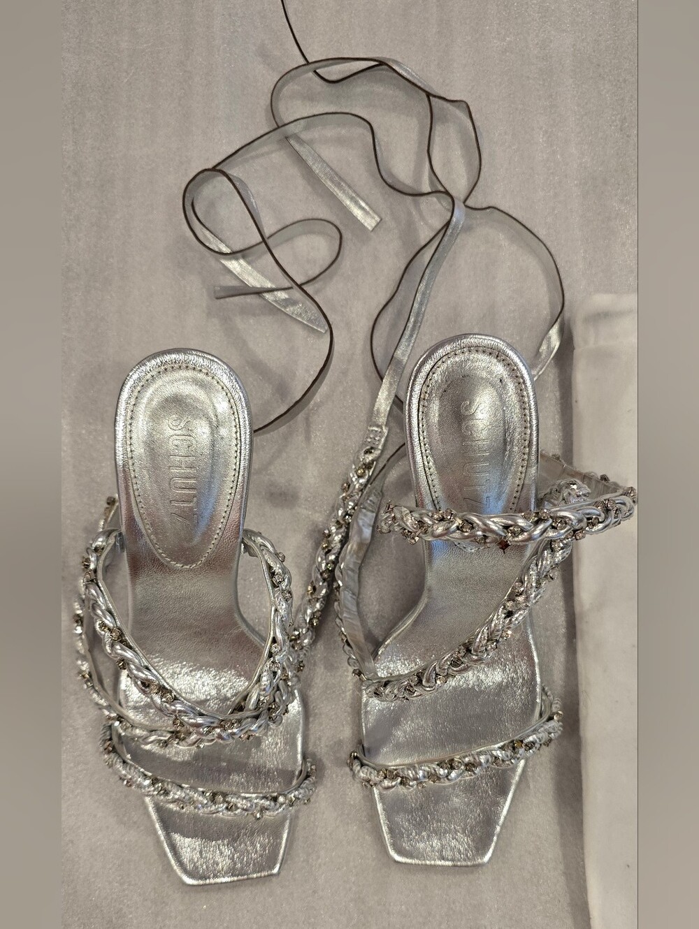 Schutz Silver Braided-Strap Metallic Heeled Sandals
